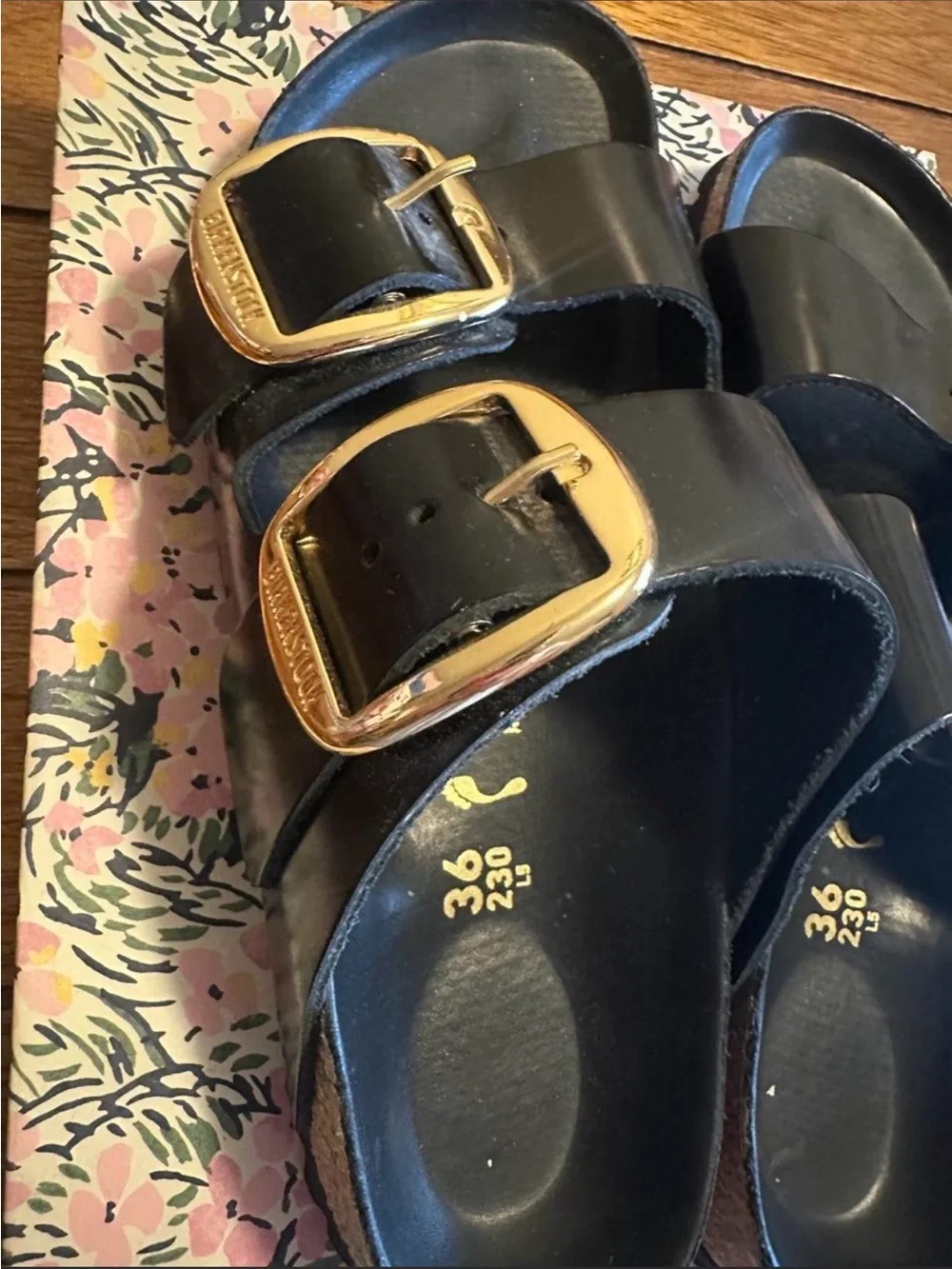 Birkenstock Black Two-Buckle Sandals with Gold Buckles
